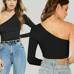 Soprano One Shoulder Crop Top Women MEDIUM Black‎ Asymmetrical Stretch Knit Y2K